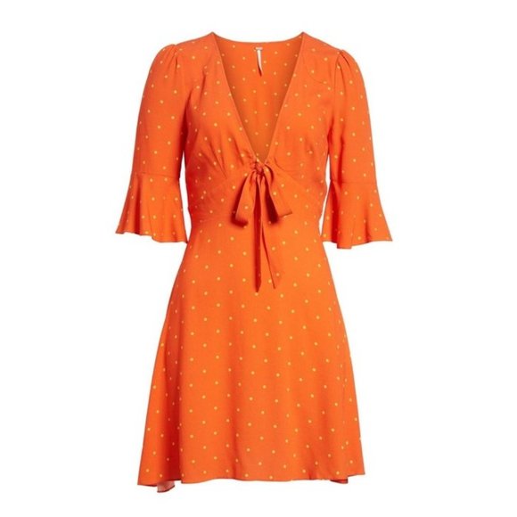FREE PEOPLE 'All Yours' Flame Orange RED COMBO Polka DOT Ruffle BOHO Mini Dress - Picture 5 of 6